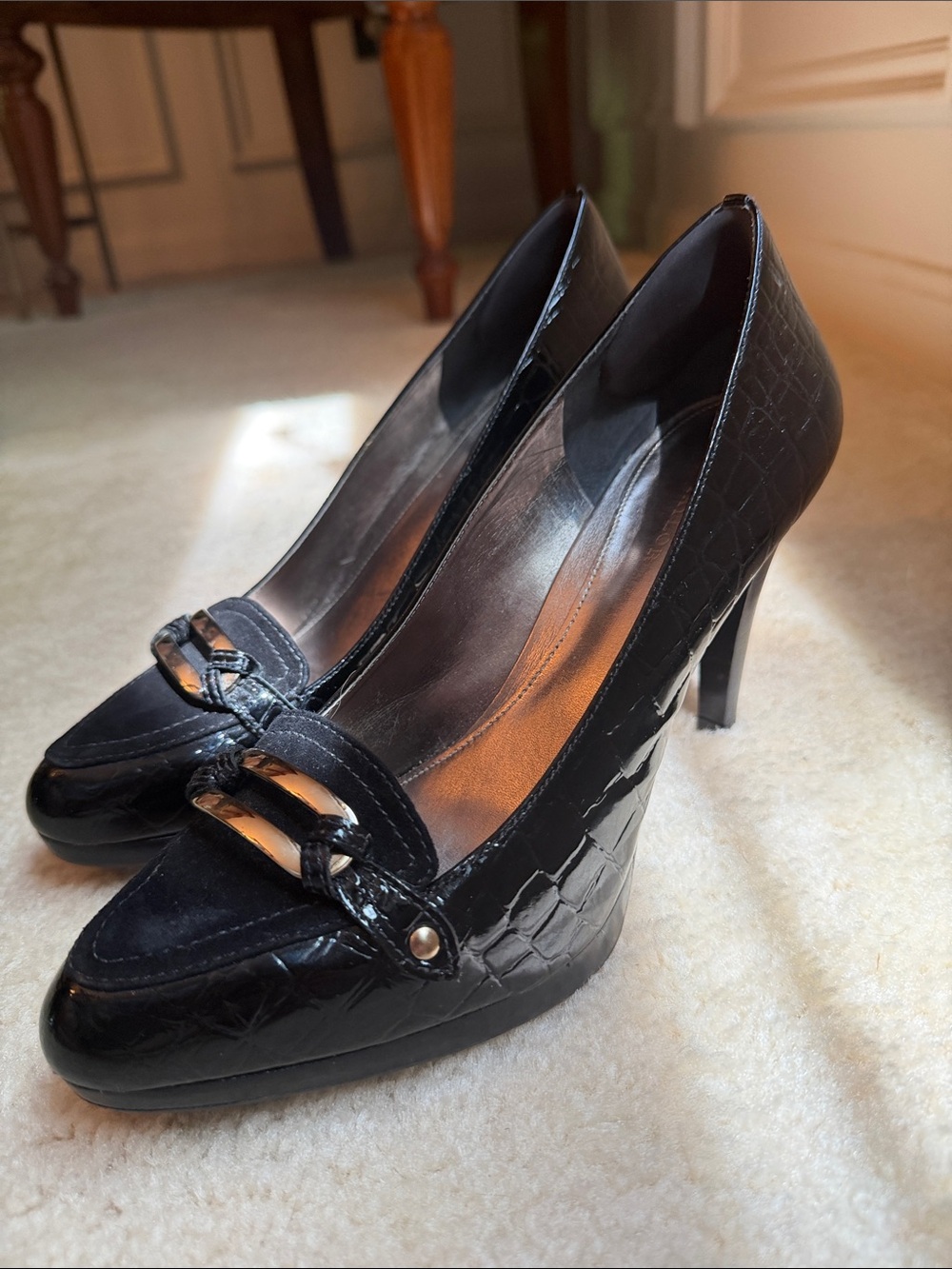 Ann Taylor Black Croc-Embossed Leather High Heel Pumps